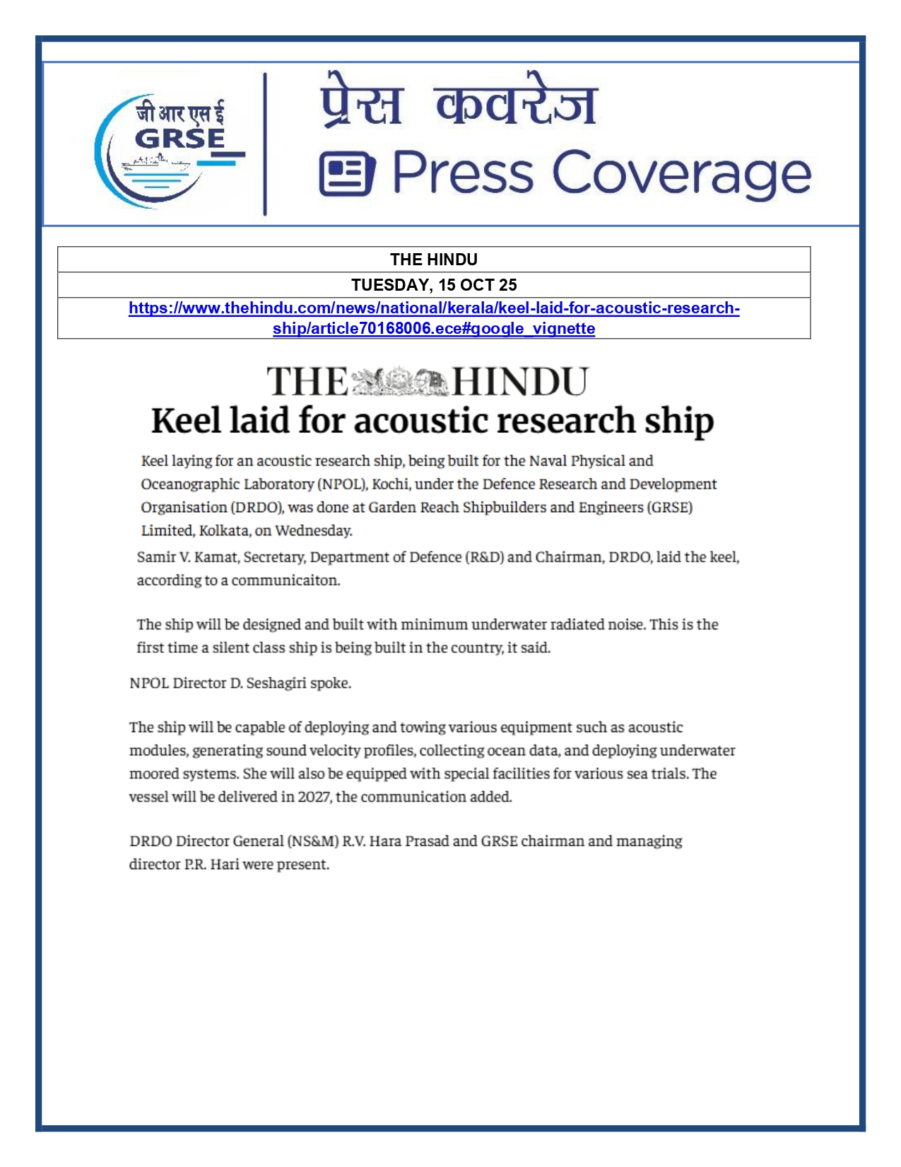   Press Coverage: 16 Oct 25:THE STATESMAN 